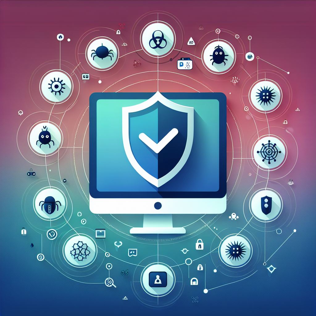 shielded monitor surrounding by various symbols of malware spyware, adware etc