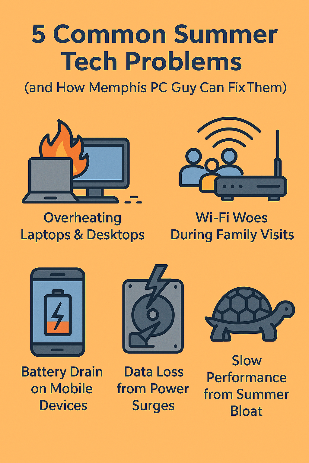 shows 5 summer tech problems in icon form